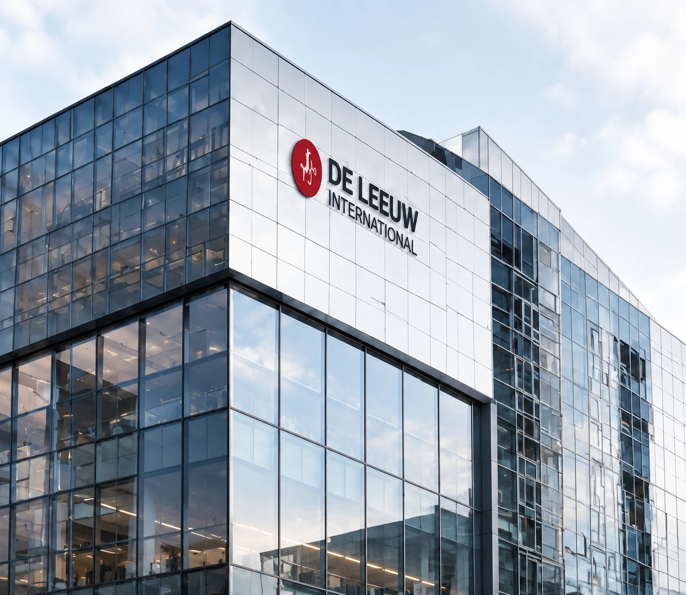 Glass building with De Leeuw International signage