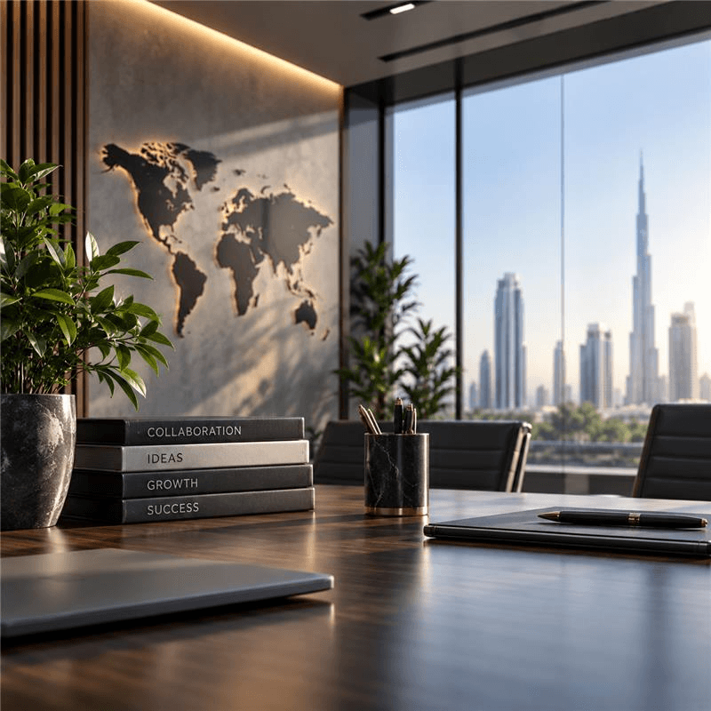 Collaborative office with a Dubai skyline view